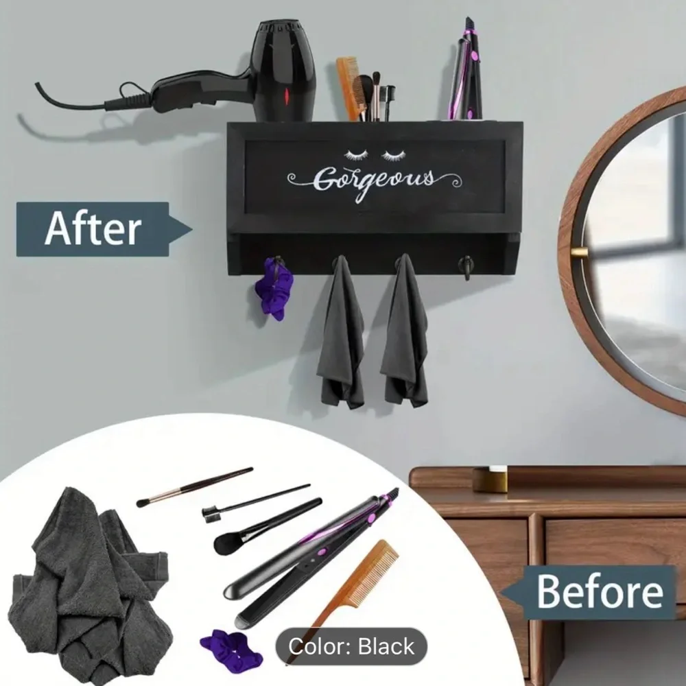 Gorgeous Black Wood Rustic Wall Mounted Storage Hair Tool Organizer with Hooks